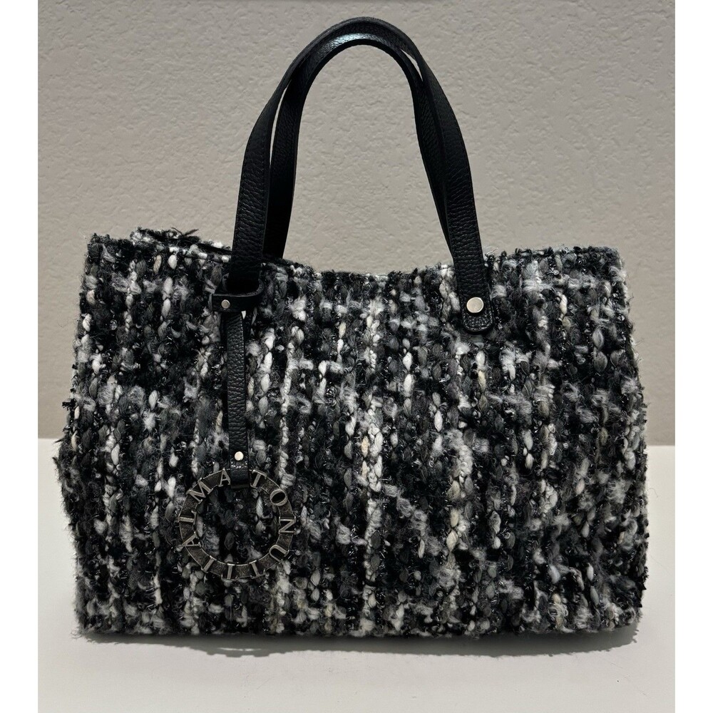 Alma Tonutti Black White Woven Handbag Double Top Handles Hand Made In Italy